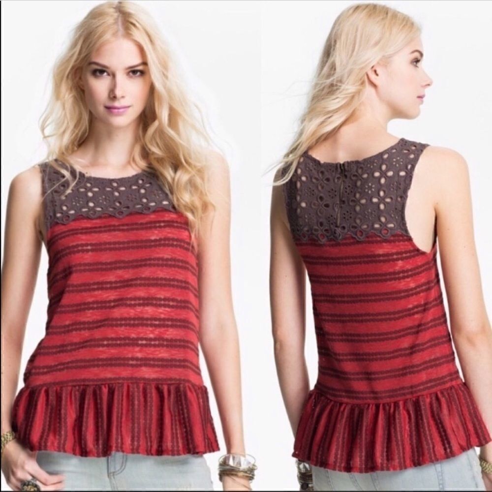 Free People Red and Brown Eyelet Tank Blouse XS